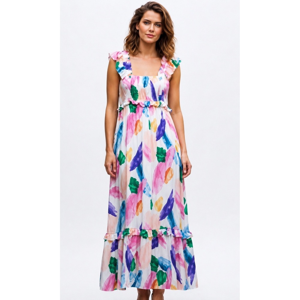 Blu Pepper Brush Stroke Dress NWT Watercolor Tiered Ruffle Cottagecore L